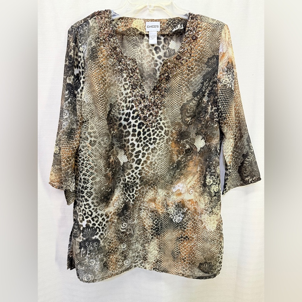 Chico's Brown Animal Print Semi Sheer Vneck Sequined 3/4 Sleeve Tunic Sz 2